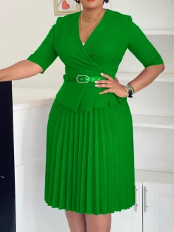 Belted Blazer Pleated Midi Dress