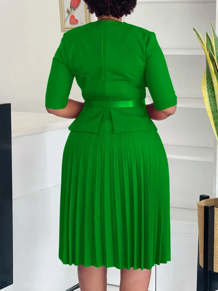 Belted Blazer Pleated Midi Dress