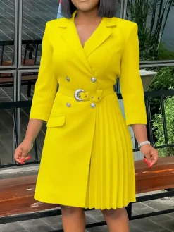Belted Blazer Pleated Midi Dress