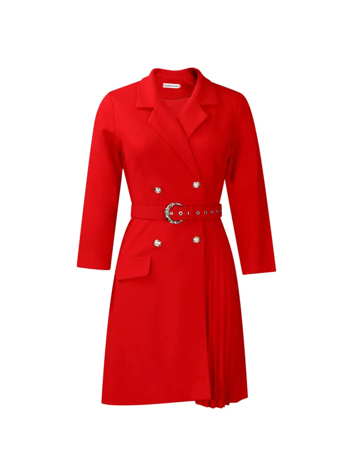 Belted Blazer Pleated Midi Dress