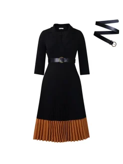 Belted Color-Block Pleated Blazer Midi Dress