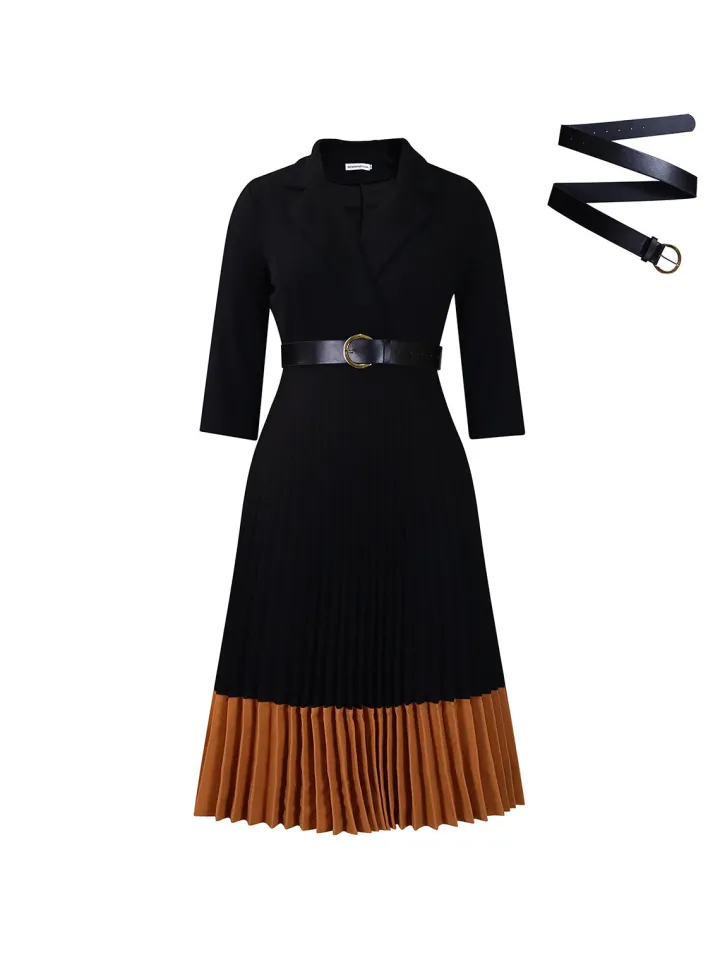 Belted Color-Block Pleated Blazer Midi Dress
