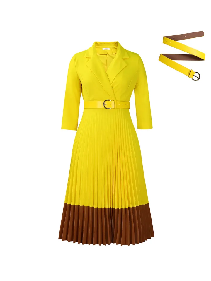 Belted Color-Block Pleated Blazer Midi Dress