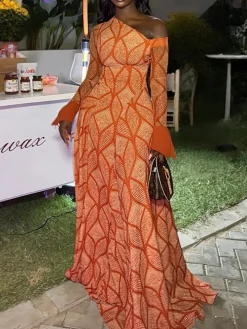 Boho Asymmetric Neck Geometric Maxi Dress