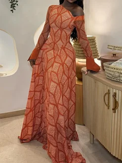 Boho Asymmetric Neck Geometric Maxi Dress