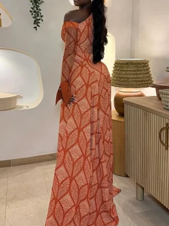 Boho Asymmetric Neck Geometric Maxi Dress