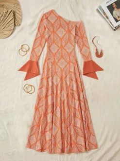 Boho Asymmetric Neck Geometric Maxi Dress