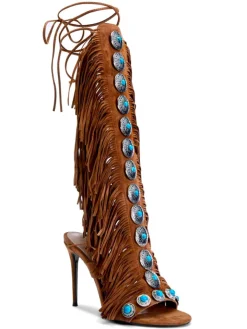 Boho Gemstone Lace-Up Fringe Heeled Sandals
