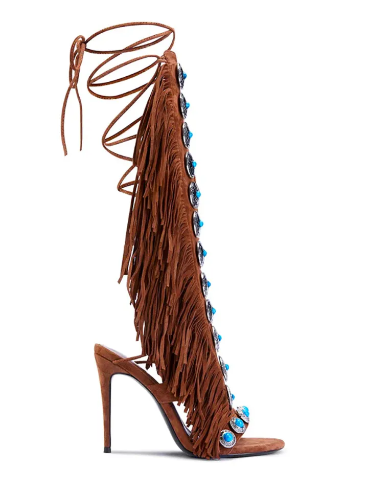 Boho Gemstone Lace-Up Fringe Heeled Sandals