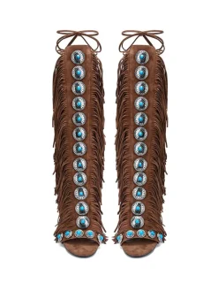 Boho Gemstone Lace-Up Fringe Heeled Sandals