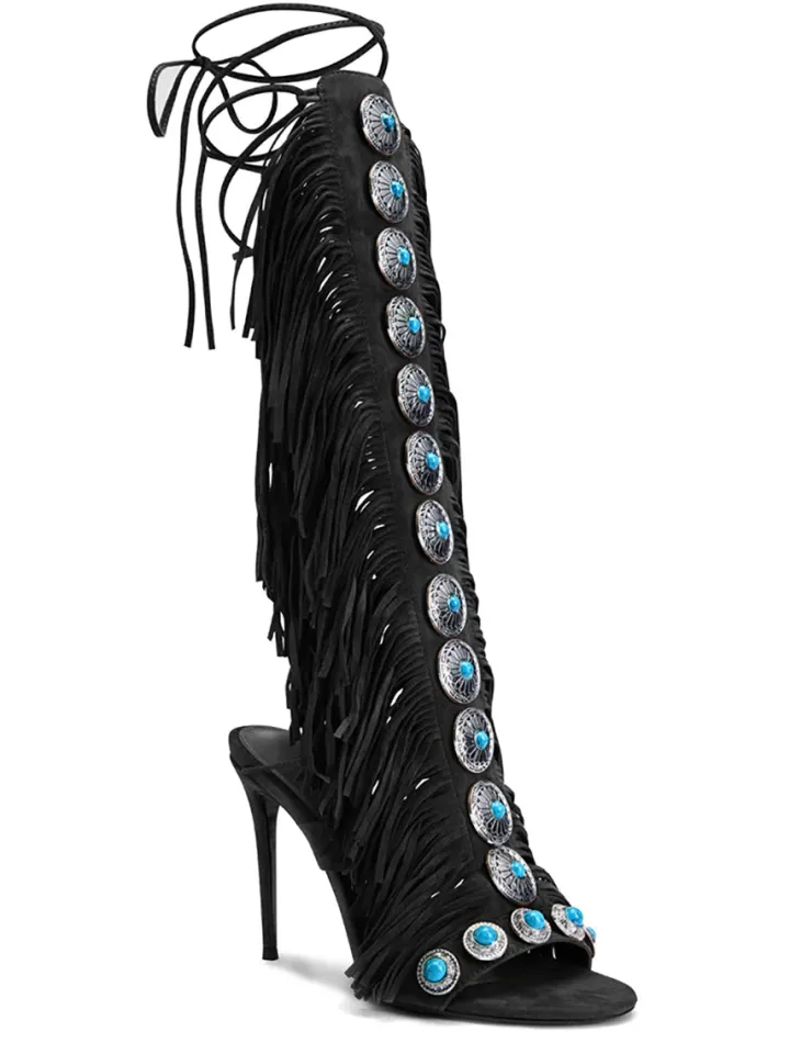 Boho Gemstone Lace-Up Fringe Heeled Sandals