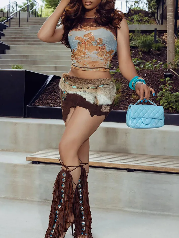 Boho Gemstone Lace-Up Fringe Heeled Sandals