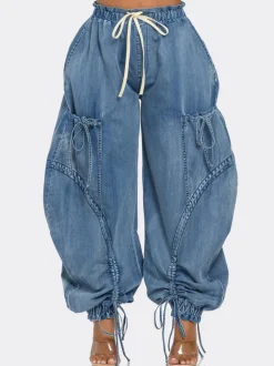 Bow Tie Elastic Waist Loose Jeans