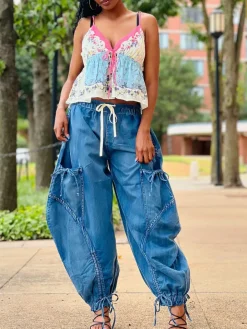 Bow Tie Elastic Waist Loose Jeans