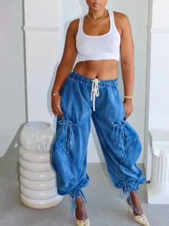 Bow Tie Elastic Waist Loose Jeans