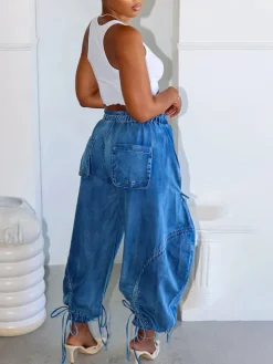 Bow Tie Elastic Waist Loose Jeans