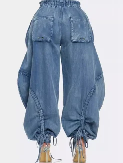 Bow Tie Elastic Waist Loose Jeans