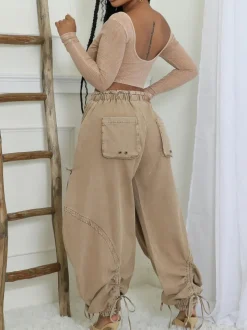 Bow Tie Elastic Waist Loose Jeans