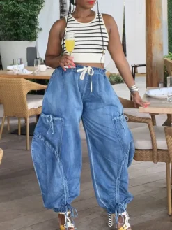 Bow Tie Elastic Waist Loose Jeans