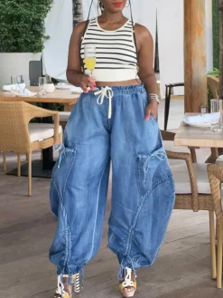 Bow Tie Elastic Waist Loose Jeans