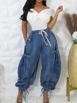 Bow Tie Elastic Waist Loose Jeans