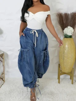 Bow Tie Elastic Waist Loose Jeans