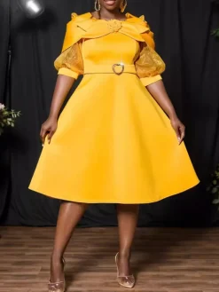 Bow Tie Lantern Sleeve A-Line Dress