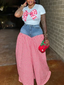 Bow Tie Print Top Denim Plaid Wide-Leg Pants Sets