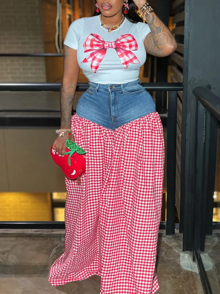 Bow Tie Print Top Denim Plaid Wide-Leg Pants Sets