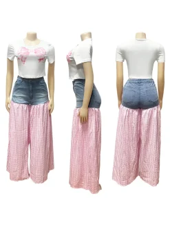 Bow Tie Print Top Denim Plaid Wide-Leg Pants Sets