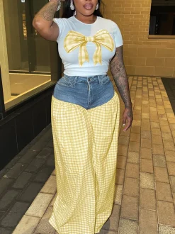 Bow Tie Print Top Denim Plaid Wide-Leg Pants Sets