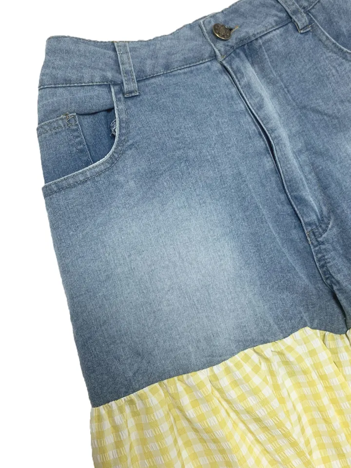 Bow Tie Print Top Denim Plaid Wide-Leg Pants Sets