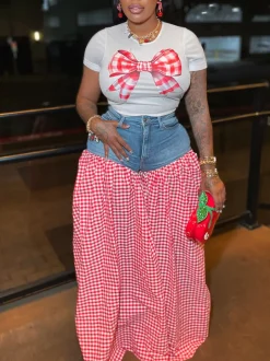 Bow Tie Print Top Denim Plaid Wide-Leg Pants Sets