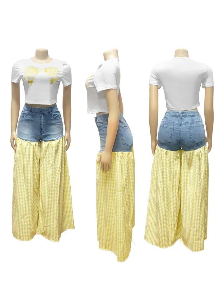Bow Tie Print Top Denim Plaid Wide-Leg Pants Sets