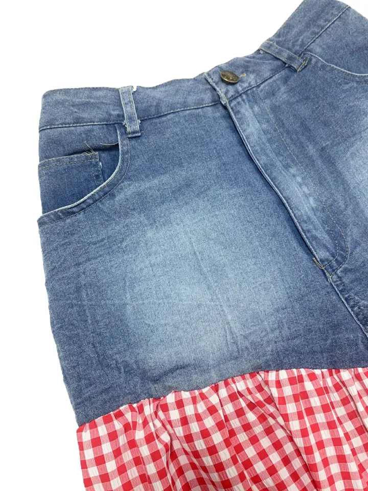 Bow Tie Print Top Denim Plaid Wide-Leg Pants Sets