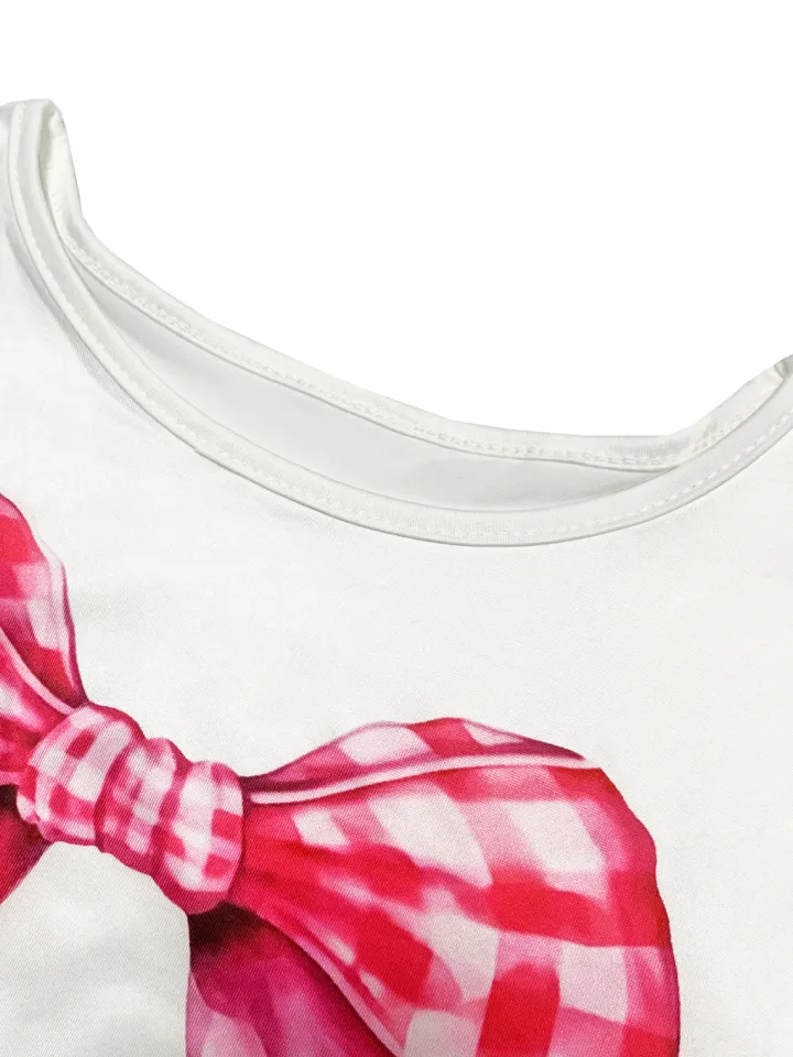 Bow Tie Print Top Denim Plaid Wide-Leg Pants Sets