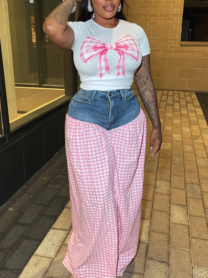 Bow Tie Print Top Denim Plaid Wide-Leg Pants Sets