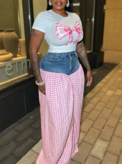 Bow Tie Print Top Denim Plaid Wide-Leg Pants Sets
