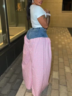 Bow Tie Print Top Denim Plaid Wide-Leg Pants Sets