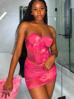 Bustier Crop Top Printed Mini Skirt Set