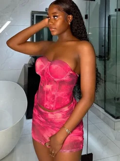 Bustier Crop Top Printed Mini Skirt Set