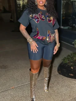 Butterfly Sequin Shorts Set