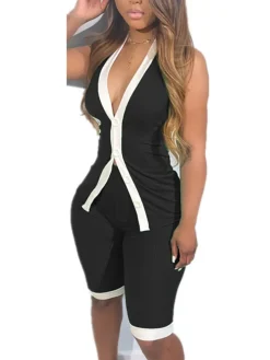 Button Down Tank Crop Top Shorts Sets