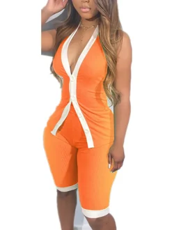 Button Down Tank Crop Top Shorts Sets