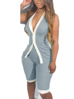 Button Down Tank Crop Top Shorts Sets
