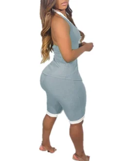 Button Down Tank Crop Top Shorts Sets