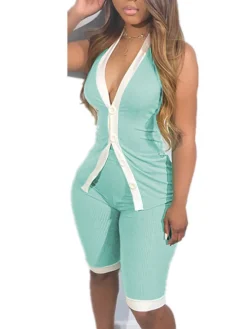 Button Down Tank Crop Top Shorts Sets