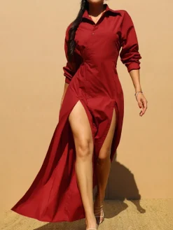 Button-Down Slit Maxi Shirt Dress