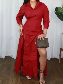 Button-Down Slit Maxi Shirt Dress
