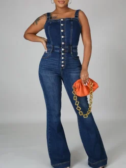 Button-Up Flared Denim Jumpsuit